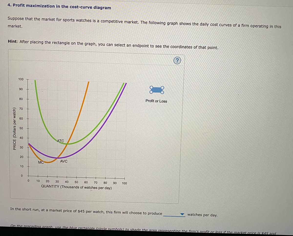 4. Profit maximization in the cost-curve diagram
Suppose that the market for sports watches is a competitive market. The following graph shows the daily cost curves of a firm operating in this
market.
Hint: After placing the rectangle on the graph, you can select an endpoint to see the coordinates of that point.
(?)
100
90
80
Profit or Loss
70
60
50
40
ATC
30
20
MC
AVC
10
10
20
30
40
50
60
70
80
90
100
QUANTITY (Thousands of watches per day)
In the short run, at a market price of $45 per watch, this firm will choose to produce
watches per day.
On the preceding graph, use the blue rectangle (circle symbals) to shade the area representing the firm's profit or loss if the market price is $45 and
PRICE (Dollars per watch)
