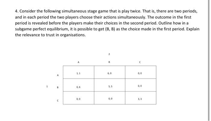 4. Consider the following simultaneous stage game that is play twice. That is, there are two periods,
and in each period the two players choose their actions simultaneously. The outcome in the first
period is revealed before the players make their choices in the second period. Outline how in a
subgame perfect equilibrium, it is possible to get (B, B) as the choice made in the first period. Explain
the relevance to trust in organisations.
A
0,6
0,0
2
8
6,0
5,5
0,0
C
0,0
0,0
3,3