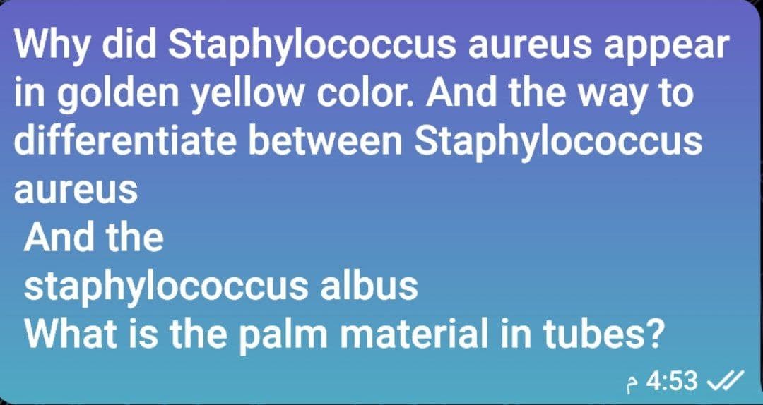 Why did Staphylococcus aureus appear
in golden yellow color. And the way to
differentiate between Staphylococcus
aureus
And the
staphylococcus albus
What is the palm material in tubes?
p 4:53 /

