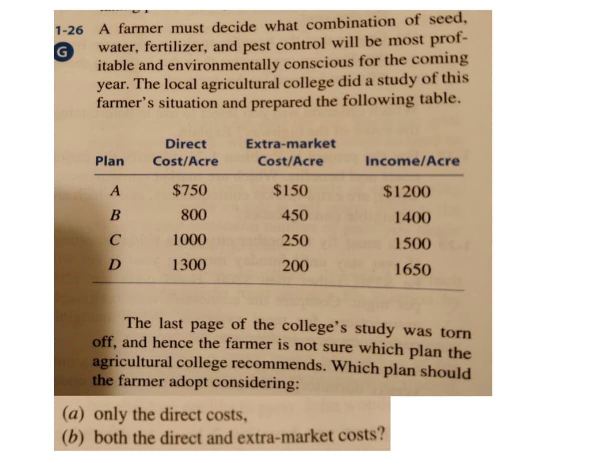 G
1-26 A farmer must decide what combination of seed,
water, fertilizer, and pest control will be most prof-
itable and environmentally conscious for the coming
year. The local agricultural college did a study of this
farmer's situation and prepared the following table.
Plan
A
B
C
D
Direct
Cost/Acre
$750
800
1000
1300
Extra-market
Cost/Acre
$150
450
250
200
Income/Acre
$1200
1400
1500
1650
The last page of the college's study was torn
off, and hence the farmer is not sure which plan the
agricultural college recommends. Which plan should
the farmer adopt considering:
(a) only the direct costs,
(b) both the direct and extra-market costs?