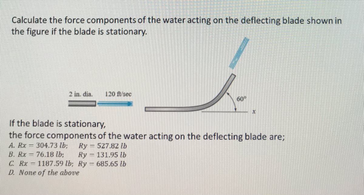 Calculate the force components of the water acting on the deflecting blade shown in
the figure if the blade is stationary.
2 in. dia.
120 ft/sec
60⁰
If the blade is stationary,
the force components of the water acting on the deflecting blade are;
A. Rx 304.73 lb; Ry527.82 lb
76.18 lb;
131.95 lb
B. Rx
C. Rx 1187.59 lb;
D. None of the above
Ry
Ry = 685.65 lb