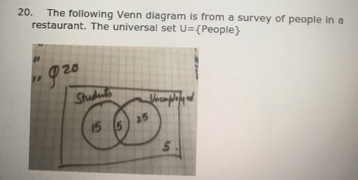 20.
The following Venn diagram is from a survey of people in a
restaurant. The universal set U={People}
g20
Shuduls
15 5
25
