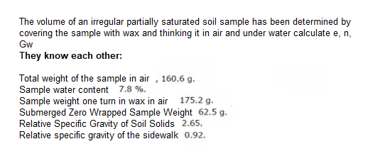 The volume of an irregular partially saturated soil sample has been determined by
covering the sample with wax and thinking it in air and under water calculate e, n,
Gw
They know each other:
Total weight of the sample in air , 160.6 g.
Sample water content 7.8 %.
Sample weight one turn in wax in air 175.2 g.
Submerged Zero Wrapped Sample Weight 62.5 g.
Relative Specific Gravity of Soil Solids 2.65.
Relative specific gravity of the sidewalk 0.92.
