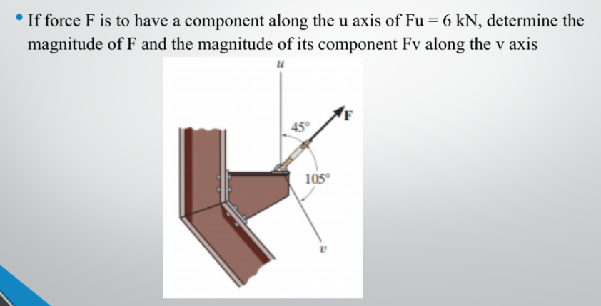 • If force F is to have a component along the u axis of Fu = 6 kN, determine the
magnitude of F and the magnitude of its component Fv along the v axis
%3D
45°
105°
