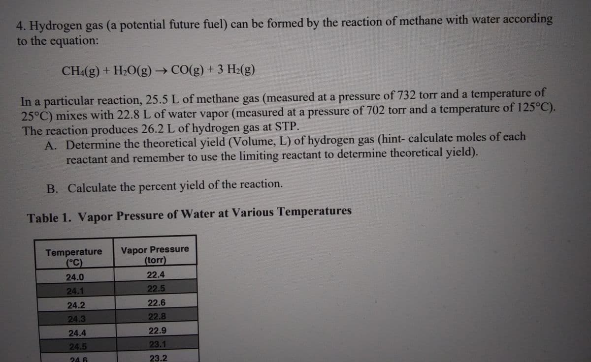 4. Hydrogen gas (a potential future fuel) can be formed by the reaction of methane with water according
to the equation:
CHA(g) + H2O(g) → CO(g) + 3 H2(g)
In a particular reaction, 25.5 L of methane gas (measured at a pressure of 732 torr and a temperature of
25°C) mixes with 22.8 L of water vapor (measured at a pressure of 702 torr and a temperature of 125°C).
The reaction produces 26.2 L of hydrogen gas at STP.
A. Determine the theoretical yield (Volume, L) of hydrogen gas (hint- calculate moles of each
reactant and remember to use the limiting reactant to determine theoretical yield).
B. Calculate the percent yield of the reaction.
Table 1. Vapor Pressure of Water at Various Temperatures
Temperature
(°C)
Vapor Pressure
(torr)
24.0
22.4
24.1
22.5
24.2
22.6
24.3
22.8
24.4
22.9
24.5
23.1
24 6
23.2
