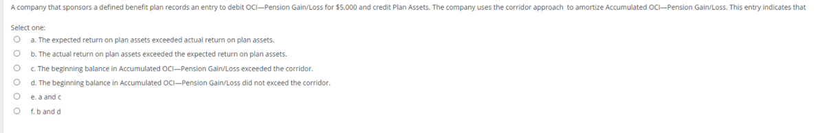 A company that sponsors a defined benefit plan records an entry to debit OCI-Pension Gain/Loss for $5,000 and credit Plan Assets. The company uses the corridor approach to amortize Accumulated OCI-Pension Gain/Loss. This entry indicates that
Select one:
O a. The expected return on plan assets exceeded actual return on plan assets.
O
b. The actual return on plan assets exceeded the expected return on plan assets.
O
c. The beginning balance in Accumulated OCI-Pension Gain/Loss exceeded the corridor.
O d. The beginning balance in Accumulated OCI-Pension Gain/Loss did not exceed the corridor.
e. a and c
f. b and d
OO