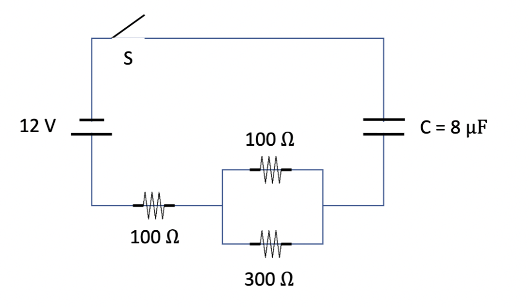 S
12 V ㅡ
C=8 μF
100 Ω
100 N
300 N
