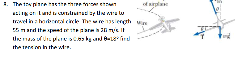 8. The toy plane has the three forces shown
acting on it and is constrained by the wire to
travel in a horizontal circle. The wire has length Wire
55 m and the speed of the plane is 28 m/s. If
the mass of the plane is 0.65 kg and 0=18° find
the tension in the wire.
of airplane
lift
0i
mg
