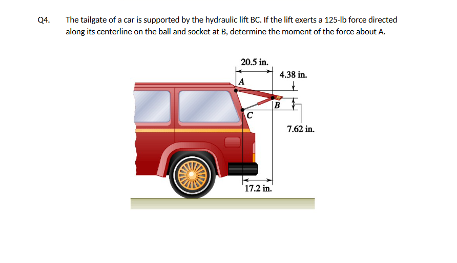 Q4.
The tailgate of a car is supported by the hydraulic lift BC. If the lift exerts a 125-lb force directed
along its centerline on the ball and socket at B, determine the moment of the force about A.
20.5 in.
A
C
17.2 in.
4.38 in.
B
7.62 in.