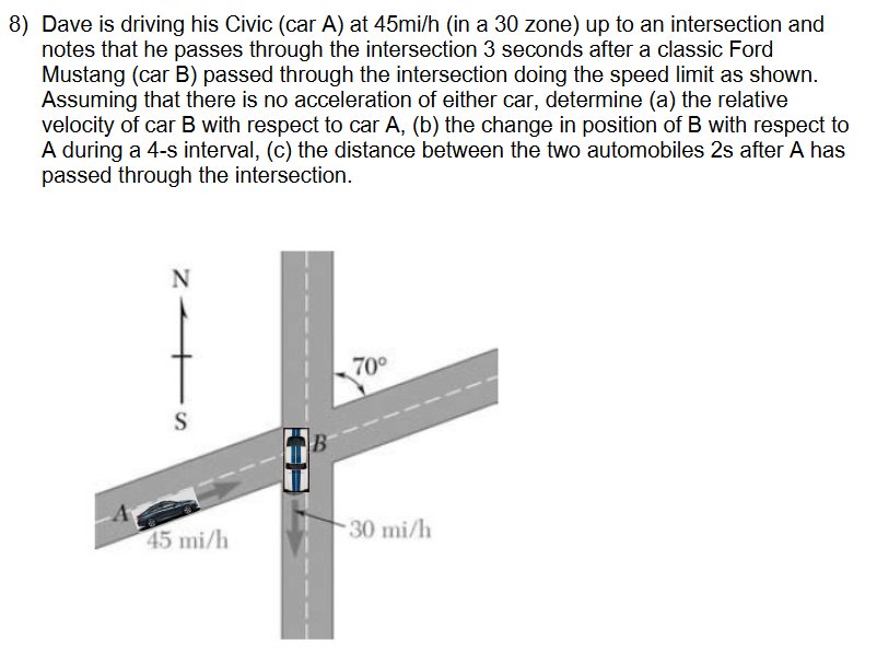 8) Dave is driving his Civic (car A) at 45mi/h (in a 30 zone) up to an intersection and
notes that he passes through the intersection 3 seconds after a classic Ford
Mustang (car B) passed through the intersection doing the speed limit as shown.
Assuming that there is no acceleration of either car, determine (a) the relative
velocity of car B with respect to car A, (b) the change in position of B with respect to
A during a 4-s interval, (c) the distance between the two automobiles 2s after A has
passed through the intersection.
N
S
45 mi/h
B
70°
30 mi/h