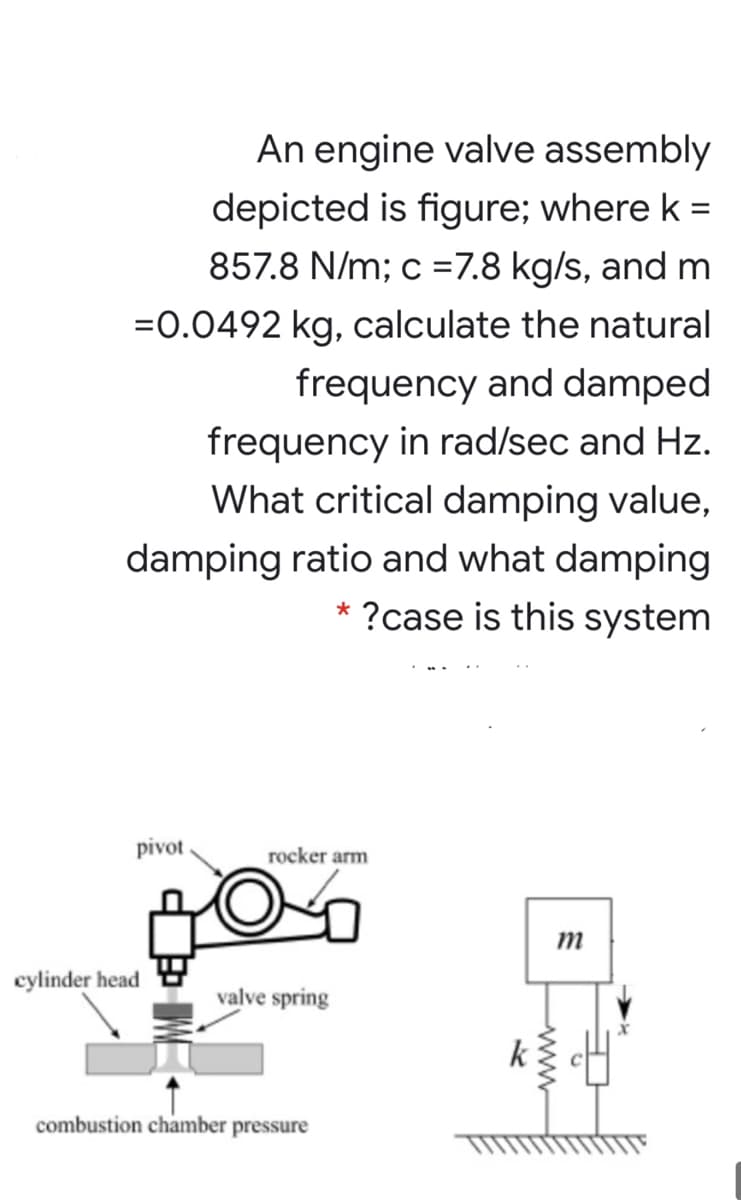 An engine valve assembly
depicted is figure; where k =
857.8 N/m; c =7.8 kg/s, and m
=0.0492 kg, calculate the natural
frequency and damped
frequency in rad/sec and Hz.
What critical damping value,
damping ratio and what damping
* ?case is this system
pivot
rocker arm
m
cylinder head
valve spring
k
combustion chamber pressure
ww
