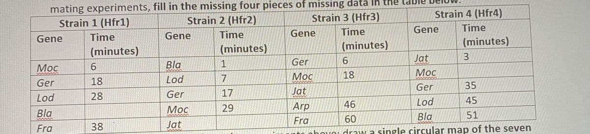 mating experiments, fill in the missing four pieces of missing data in the
Strain 1 (Hfr1)
Strain 2 (Hfr2)
Strain 3 (Hfr3)
Gene
Time
Gene
Time
Gene
Time
Gene
(minutes)
(minutes)
(minutes)
Jat
6
Ger
Bla
6
Moc
1
25
wwww
Moc
Moc
18
Lod
Ger
7
18
Ger
35
Jat
Lod
Ger
28
17
www
45
Lod
46
Arp
29
Moc
Bla
www M
www
60
51
Bla
Fra
Fra
Jat
38
+
above: draw a single circular map of the seven
Strain 4 (Hfr4)
Time
(minutes)
3