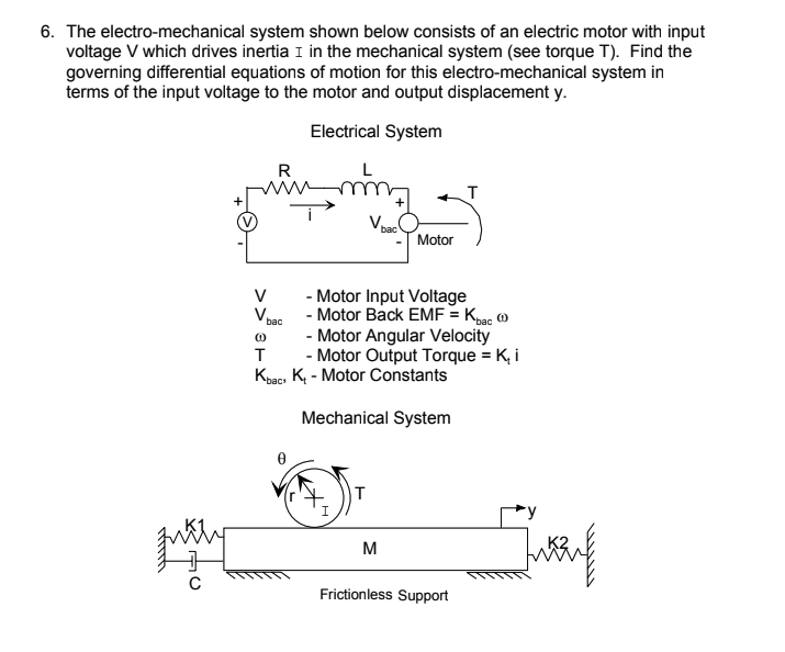 6. The electro-mechanical system shown below consists of an electric motor with input
voltage V which drives inertia I in the mechanical system (see torque T). Find the
governing differential equations of motion for this electro-mechanical system in
terms of the input voltage to the motor and output displacement y.
Electrical System
puthiy
C
V
V₁
R
bac
(0)
T
bac
T
Motor
- Motor Input Voltage
- Motor Back EMF = Kbac (
- Motor Angular Velocity
- Motor Output Torque = K₂ i
Kbacs K₁ - Motor Constants
Mechanical System
M
T
Frictionless Support
