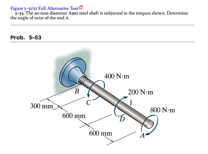 Figure 5-51/52 Full Alternative Text
5-53. The 50-mm-diameter A992 steel shaft is subjected to the torques shown. Determine
the angle of twist of the end A.
Prob. 5-53
300 mm
B
600 mm
400 N·m
600 mm
200 N·m
800 N·m