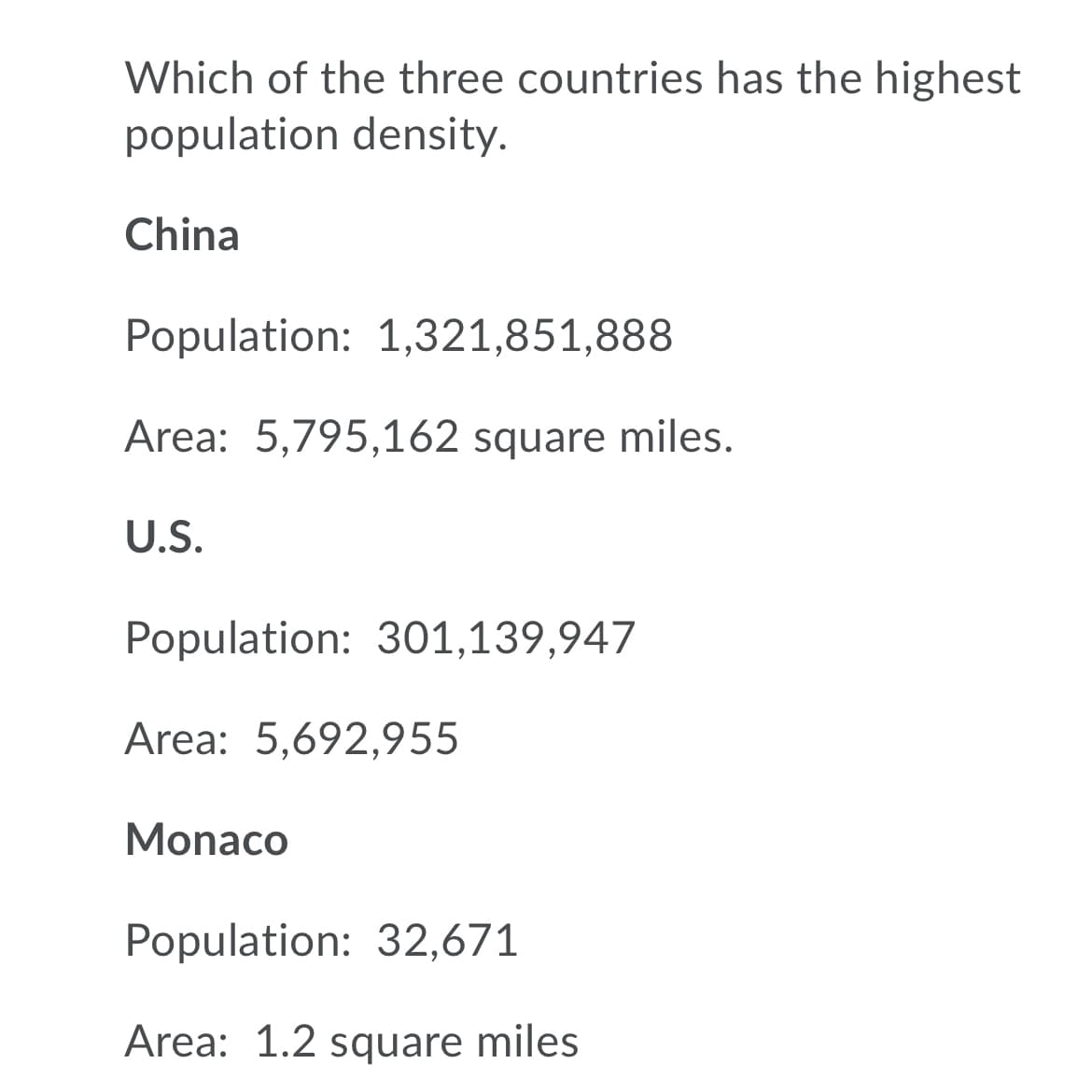 Which of the three countries has the highest
population density.
China
Population: 1,321,851,888
Area: 5,795,162 square miles.
U.S.
Population: 301,139,947
Area: 5,692,955
Monaco
Population: 32,671
Area: 1.2 square miles
