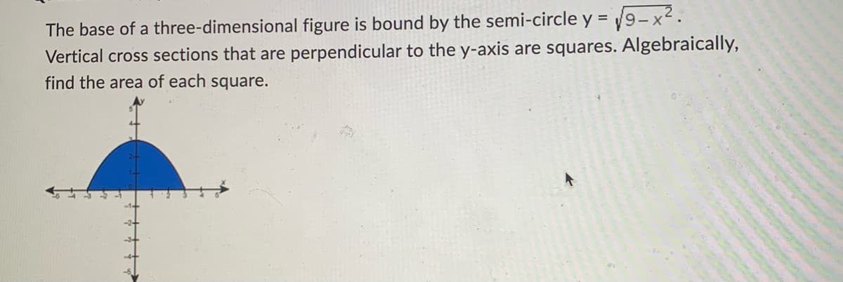 The base of a three-dimensional figure is bound by the semi-circle y =
=√9-x².
Vertical cross sections that are perpendicular to the y-axis are squares. Algebraically,
find the area of each square.