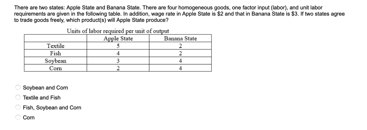 There are two states: Apple State and Banana State. There are four homogeneous goods, one factor input (labor), and unit labor
requirements are given in the following table. In addition, wage rate in Apple State is $2 and that in Banana State is $3. If two states agree
to trade goods freely, which product(s) will Apple State produce?
0 0 0 0
Textile
Fish
Soybean
Corn
Units of labor required per unit of output
Apple State
Soybean
Textile and Fish
and Corn
Fish, Soybean and Corn
Corn
5
4
3
2
Banana State
2
2
4
4