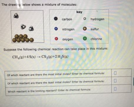 The drawing below shows a mixture of molecules:
key
carbon
Onitrogen
238
oxygen
chlorine
Suppose the following chemical reaction can take place in this mixture:
CH₂(g) +4 S(s)→→ CS₂(9)+2 H₂S(9)
0
Of which reactant are there the most initial moles? Enter its chemical formula:
0
Of which reactant are there the least initial moles? Enter its chemical formula:
0
Which reactant is the limiting reactant? Enter its chemical formula:
O hydrogen
O sulfur