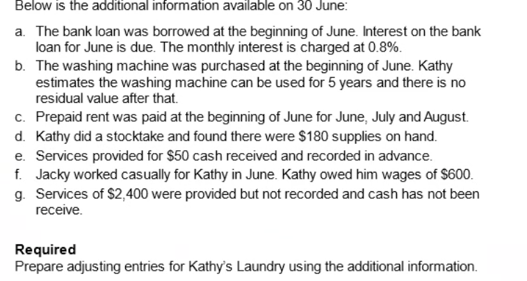 Below is the additional information available on 30 June:
a. The bank loan was borrowed at the beginning of June. Interest on the bank
loan for June is due. The monthly interest is charged at 0.8%.
b. The washing machine was purchased at the beginning of June. Kathy
estimates the washing machine can be used for 5 years and there is no
residual value after that.
c. Prepaid rent was paid at the beginning of June for June, July and August.
d. Kathy did a stocktake and found there were $180 supplies on hand.
e. Services provided for $50 cash received and recorded in advance.
f. Jacky worked casually for Kathy in June. Kathy owed him wages of $600.
g. Services of $2,400 were provided but not recorded and cash has not been
гeceive.
Required
Prepare adjusting entries for Kathy's Laundry using the additional information.

