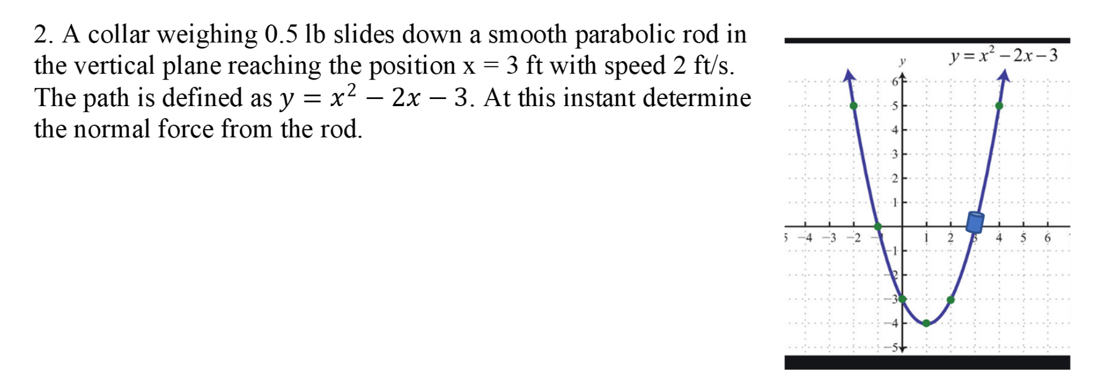 2. A collar weighing 0.5 lb slides down a smooth parabolic rod in
the vertical plane reaching the position x = 3 ft with speed 2 ft/s.
The path is defined as y = x? – 2x – 3. At this instant determine
y = x² – 2x – 3
y
the normal force from the rod.
4
6.
