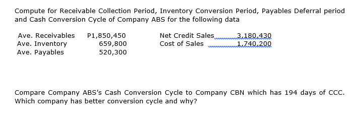 Compute for Receivable Collection Period, Inventory Conversion Period, Payables Deferral period
and Cash Conversion Cycle of Company ABS for the following data
Ave. Receivables
P1,850,450
659,800
Net Credit Sales,
Cost of Sales
3,180.430
1,740.200
Ave. Inventory
Ave. Payables
520,300
Compare Company ABS's Cash Conversion Cycle to Company CBN which has 194 days of cC.
Which company has better conversion cycle and why?
