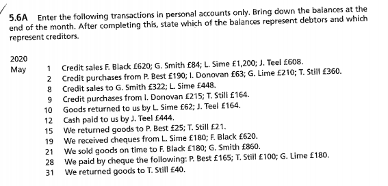 5.6A Enter the following transactions in personal accounts only. Bring down the balances at the
end of the month. After completing this, state which of the balances represent debtors and which
represent creditors.
2020
May
1 Credit sales F. Black £620; G. Smith £84; L. Sime £1,200; J. Teel £608.
2
Credit purchases from P. Best £190; 1. Donovan £63; G. Lime £210; T. Still £360.
Credit sales to G. Smith £322; L. Sime £448.
8
9
Credit purchases from I. Donovan £215; T. Still £164.
10 Goods returned to us by L. Sime £62; J. Teel £164.
Cash paid to us by J. Teel £444.
12
We returned goods to P. Best £25; T. Still £21.
15
19
21
28
31
We received cheques from L. Sime £180; F. Black £620.
We sold goods on time to F. Black £180; G. Smith £860.
We paid by cheque the following: P. Best £165; T. Still £100; G. Lime £180.
We returned goods to T. Still £40.