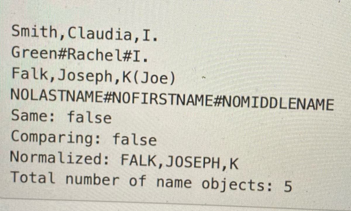 Smith,Claudia, I.
Green#Rachel#I.
Falk,Joseph, K(Joe)
NOLASTNAME#NOFIRSTNAME#NOMIDDLENAME
Same: false
Comparing: false
Normalized: FALK,J0SEPH,K
Total number of name objects: 5
