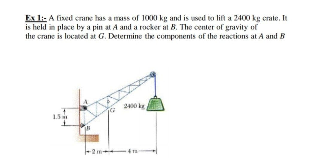 Ex 1:- A fixed crane has a mass of 1000 kg and is used to lift a 2400 kg crate. It
is held in place by a pin at A and a rocker at B. The center of gravity of
the crane is located at G. Determine the components of the reactions at A and B
2400 kg
1.5 m
IB
-2 m+
4m
