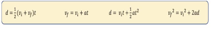 |d= (v₁ + y)
Vf = V₁ + at
d=yt+at²
v₁² = v₁² + 2ad