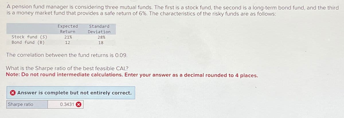 A pension fund manager is considering three mutual funds. The first is a stock fund, the second is a long-term bond fund, and the third
is a money market fund that provides a safe return of 6%. The characteristics of the risky funds are as follows:
Stock fund (S)
Bond fund (B)
Expected
Return
21%
12
Standard
Deviation
28%
18
The correlation between the fund returns is 0.09.
What is the Sharpe ratio of the best feasible CAL?
Note: Do not round intermediate calculations. Enter your answer as a decimal rounded to 4 places.
Answer is complete but not entirely correct.
Sharpe ratio
0.3431