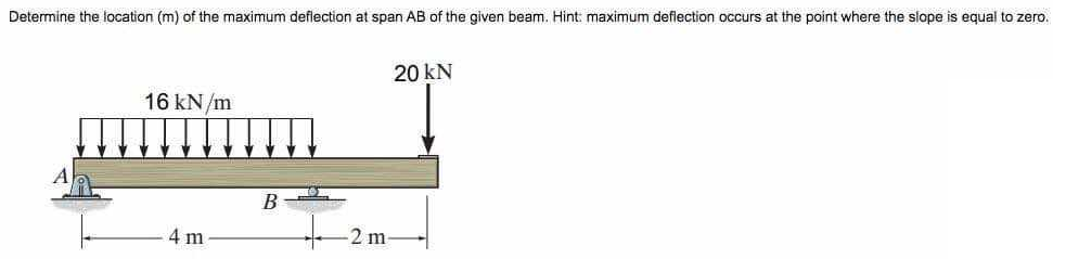 Determine the location (m) of the maximum deflection at span AB of the given beam. Hint: maximum deflection occurs at the point where the slope is equal to zero.
16 kN/m
4 m
B
2 m-
20 kN
