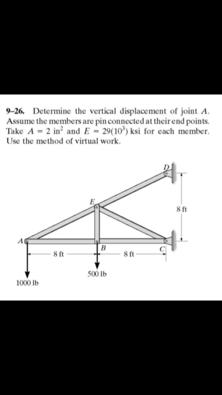 9-26. Determine the vertical displacement of joint A.
Assume the members are pin connected at their end points.
Take A = 2 in? and E = 29(10') ksi for each member.
Use the method of virtual work.
8 ft
B
8 ft
8 ft
500 lb
1000 lb
