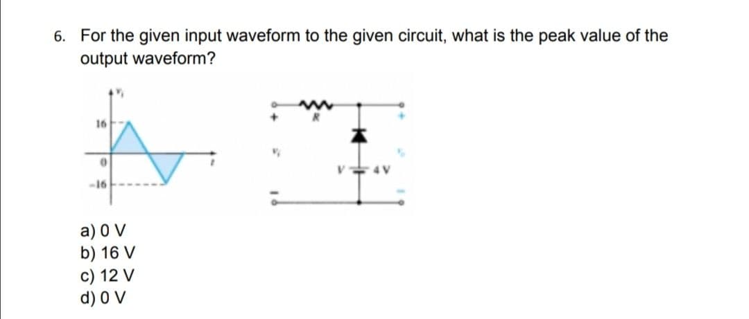 6. For the given input waveform to the given circuit, what is the peak value of the
output waveform?
16
4 V
-16
a) 0 V
b) 16 V
c) 12 V
d) 0 V
