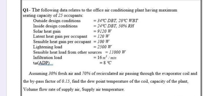 Q1- The following data relates to the office air conditioning plant having maximum
seating capacity of 25 occupants:
Outside design conditions
Inside design conditions
Solar heat gain
Latent heat gain per occupant = 120 W
Sensible heat gain per occupant = 100 W
Lightening load
Sensible heat load from other sources = 11000 W
= 34°C DBT, 28°C WBT
= 24°C DBT, 50% RH
= 9120 W
= 2500 W
Infiltration load
= 16 m / mim
tas(ADP)
= 8 °C
Assuming 30% fresh air and 70% of recirculated air passing through the evaporator coil and
the by-pass factor of 0.15, find the dew point temperature of the coil, capacity of the plant,
Volume flow rate of supply air, Supply air temperature.
