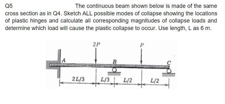 Q5
The continuous beam shown below is made of the same
cross section as in Q4. Sketch ALL possible modes of collapse showing the locations
of plastic hinges and calculate all corresponding magnitudes of collapse loads and
determine which load will cause the plastic collapse to occur. Use length, L as 6 m.
2L/3
2P
B
L/3 L/2
L/2