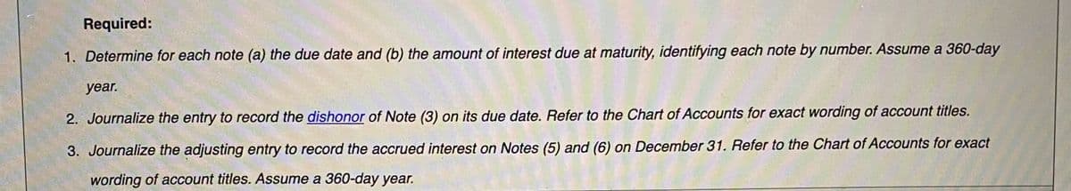 Required:
1. Determine for each note (a) the due date and (b) the amount of interest due at maturity, identifying each note by number. Assume a 360-day
year.
2. Journalize the entry to record the dishonor of Note (3) on its due date. Refer to the Chart of Accounts for exact wording of account titles.
3. Journalize the adjusting entry to record the accrued interest on Notes (5) and (6) on December 31. Refer to the Chart of Accounts for exact
wording of account titles. Assume a 360-day year.
