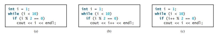 int i
int i
1;
while (i < 10)
if (i % 2
cout <« i << endl;
int i
while (i < 10)
if (i % 2
cout <« i++ « endl;
1;
13;
while (i < 10)
if (i++ % 2
cout << i << endl;
0)
0)
0)
=%3=
==
(a)
(b)
(c)
