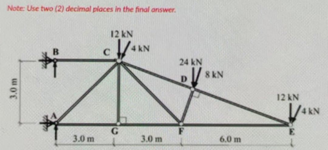Note: Use two (2) decimal places in the final answer.
12 kN
C
24 kN
/SAN
12 kN
/4kN
3.0 m
3.0 m
6.0 m
3.0 m
