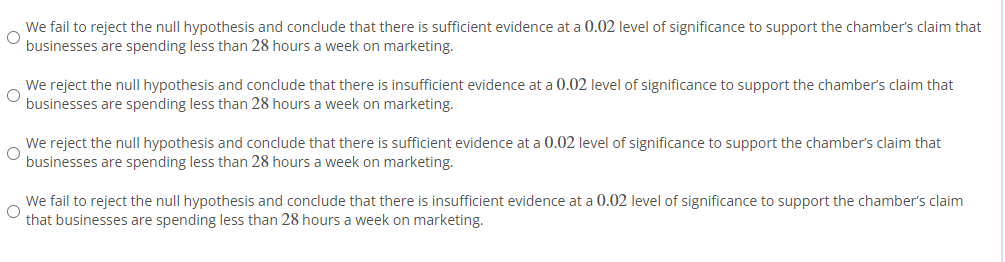 O
We fail to reject the null hypothesis and conclude that there is sufficient evidence at a 0.02 level of significance to support the chamber's claim that
businesses are spending less than 28 hours a week on marketing.
We reject the null hypothesis and conclude that there is insufficient evidence at a 0.02 level of significance to support the chamber's claim that
O
businesses are spending less than 28 hours a week on marketing.
We reject the null hypothesis and conclude that there is sufficient evidence at a 0.02 level of significance to support the chamber's claim that
businesses are spending less than 28 hours a week on marketing.
We fail to reject the null hypothesis and conclude that there is insufficient evidence at a 0.02 level of significance to support the chamber's claim
O
that businesses are spending less than 28 hours a week on marketing.