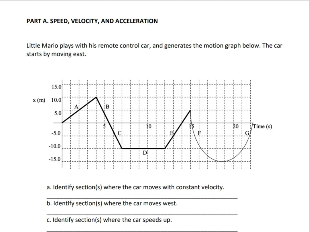PART A. SPEED, VELOCITY, AND ACCELERATION
Little Mario plays with his remote control car, and generates the motion graph below. The car
starts by moving east.
15.0
x (m) 10.0
5.0
-5.0
-10.0
-15.0
a. Identify section (s) where the car moves with constant velocity.
b. Identify section (s) where the car moves west.
c. Identify section(s) where the car speeds up.
18
Time (s)