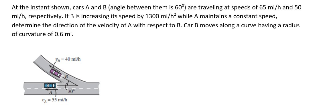 At the instant shown, cars A and B (angle between them is 60°) are traveling at speeds of 65 mi/h and 50
mi/h, respectively. If B is increasing its speed by 1300 mi/h² while A maintains a constant speed,
determine the direction of the velocity of A with respect to B. Car B moves along a curve having a radius
of curvature of 0.6 mi.
K
VB = 40 mi/h
V₁ = 55 mi/h
30°