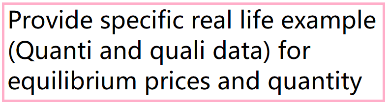 Provide specific real life example
(Quanti and quali data) for
equilibrium prices and quantity