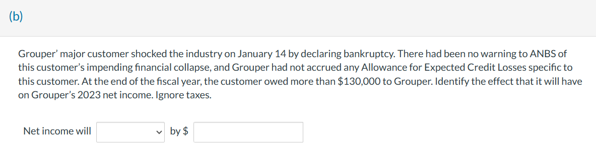 (b)
Grouper' major customer shocked the industry on January 14 by declaring bankruptcy. There had been no warning to ANBS of
this customer's impending financial collapse, and Grouper had not accrued any Allowance for Expected Credit Losses specific to
this customer. At the end of the fiscal year, the customer owed more than $130,000 to Grouper. Identify the effect that it will have
on Grouper's 2023 net income. Ignore taxes.
Net income will
✓ by $