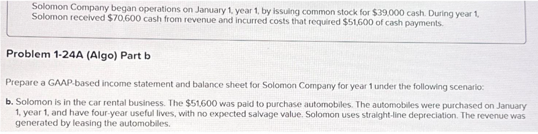 Solomon Company began operations on January 1, year 1, by issuing common stock for $39,000 cash. During year 1,
Solomon received $70,600 cash from revenue and incurred costs that required $51,600 of cash payments.
Problem 1-24A (Algo) Part b
Prepare a GAAP-based income statement and balance sheet for Solomon Company for year 1 under the following scenario:
b. Solomon is in the car rental business. The $51,600 was paid to purchase automobiles. The automobiles were purchased on January
1, year 1, and have four-year useful lives, with no expected salvage value. Solomon uses straight-line depreciation. The revenue was
generated by leasing the automobiles.