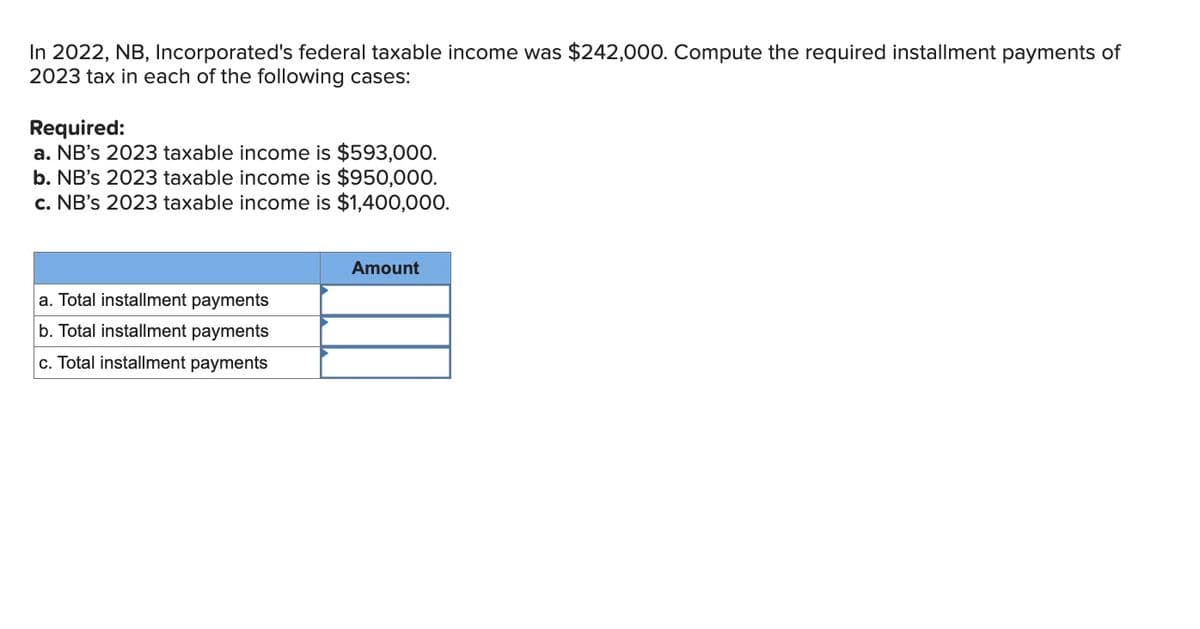 In 2022, NB, Incorporated's federal taxable income was $242,000. Compute the required installment payments of
2023 tax in each of the following cases:
Required:
a. NB's 2023 taxable income is $593,000.
b. NB's 2023 taxable income is $950,000.
c. NB's 2023 taxable income is $1,400,000.
a. Total installment payments
b. Total installment payments
c. Total installment payments
Amount