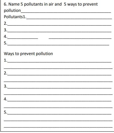 6. Name 5 pollutants in air and 5 ways to prevent
pollution_
Pollutants1.
2.
3.
4.
5.
Ways to prevent pollution
1.
2.
3.
4.
5.