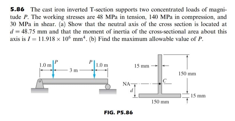 5.86 The cast iron inverted T-section supports two concentrated loads of magni-
tude P. The working stresses are 48 MPa in tension, 140 MPa in compression, and
30 MPa in shear. (a) Show that the neutral axis of the cross section is located at
d = 48.75 mm and that the moment of inertia of the cross-sectional area about this
axis is I = 11.918 x 106 mm“. (b) Find the maximum allowable value of P.
1.0 m
1.0 m
15 mm
3 m
150 mm
NA-
d
15 mm
150 mm
FIG. P5.86
