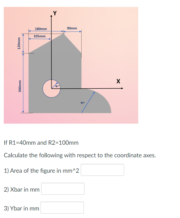 Y
180mm
90mm
105mm
X
R
If R1=40mm and R2=100mm
Calculate the following with respect to the coordinate axes.
1) Area of the figure in mm^2
2) Xbar in mm
3) Ybar in mm
300mm
120mm

