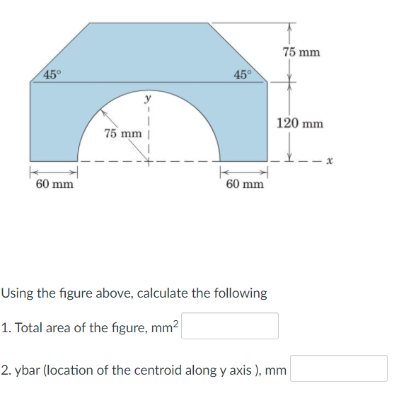 75 mm
45°
45°
120 mm
75 mm |
60 mm
60 mm
Using the figure above, calculate the following
1. Total area of the figure, mm2
2. ybar (location of the centroid along y axis ), mm
