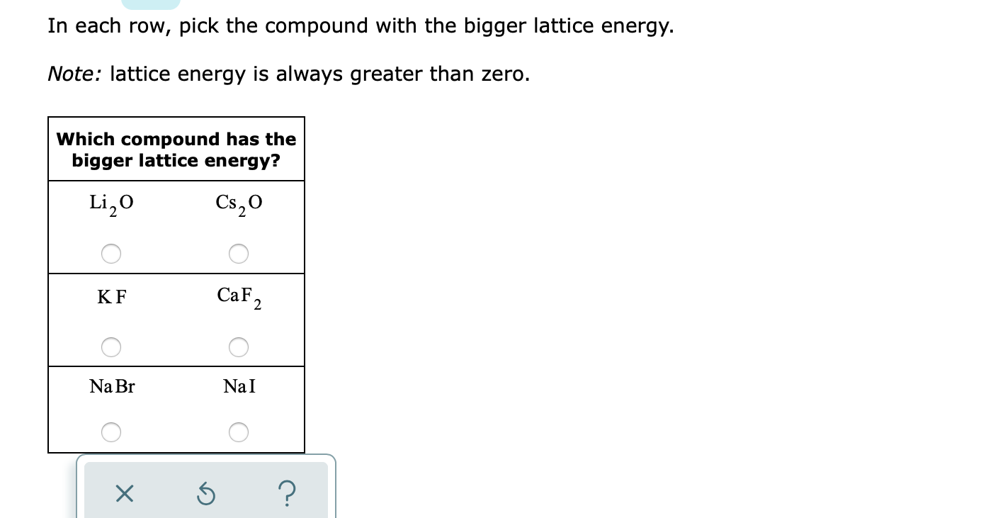 In each row, pick the compound with the bigger lattice energy.
Note: lattice energy is always greater than zero.
Which compound has the
bigger lattice energy?
Li,0
Cs,0
CaF 2
KF
Na Br
NaI
